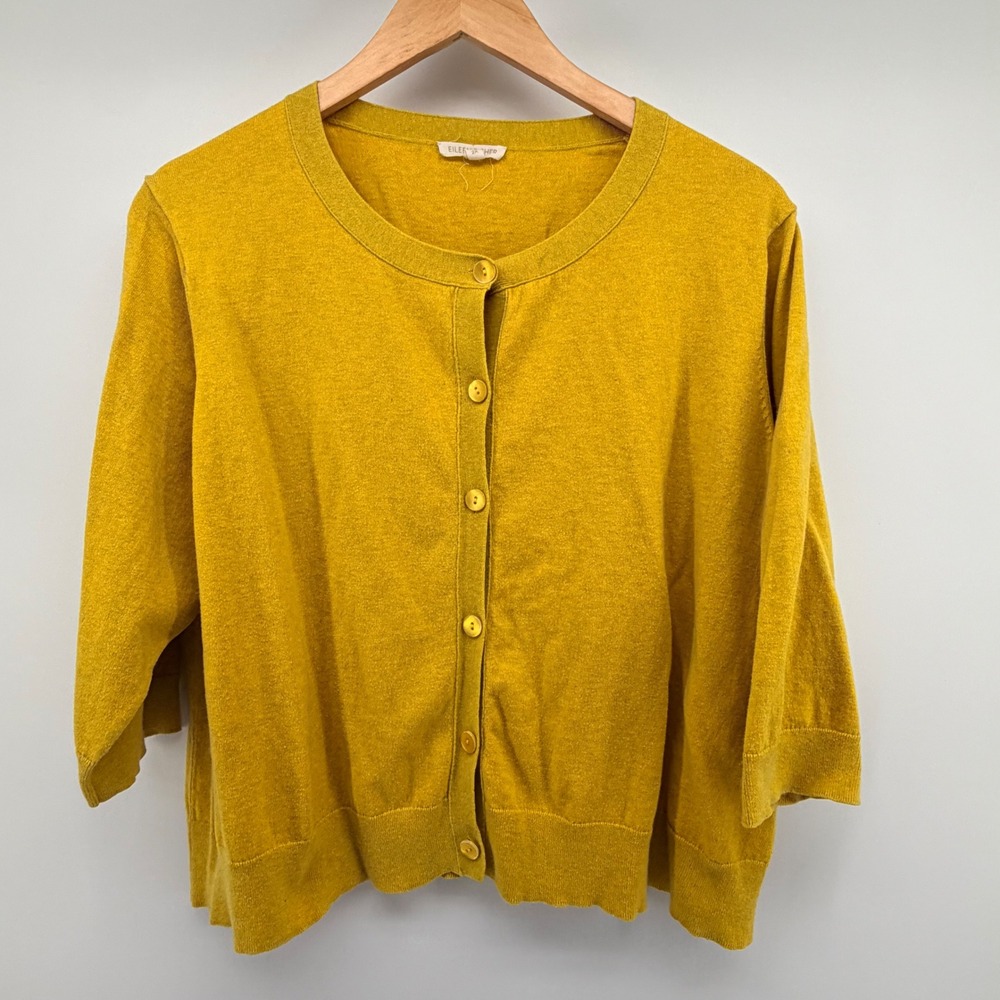 Eileen Fisher Cardigan Sweater Mustard Yellow 3/4 Sleeve Button Front Womens 2X